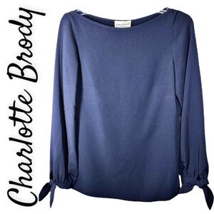 NWT CHARLOTTE BRODY Navy Blue Tie Sleeve Blouse Quiet Luxury Minimalist, Small